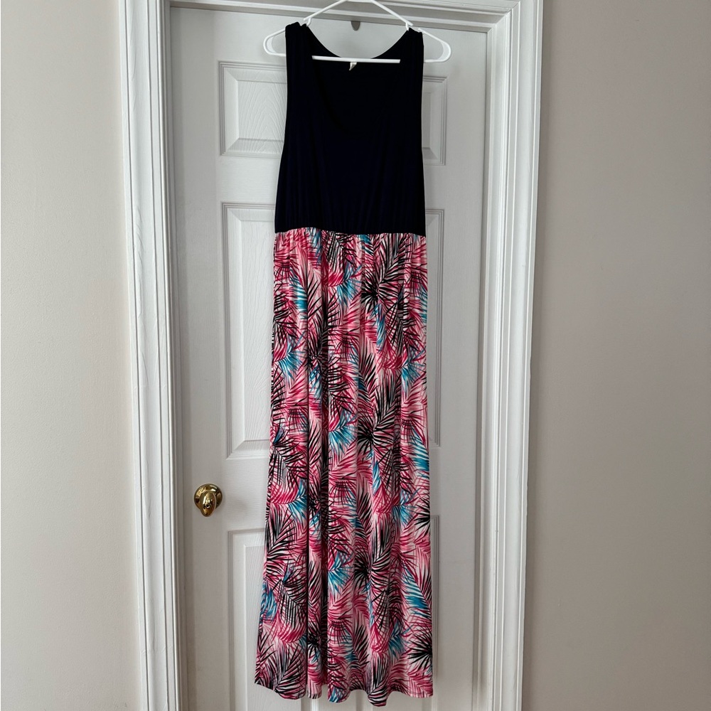 Navy and Pink Tropical Maxi Dress